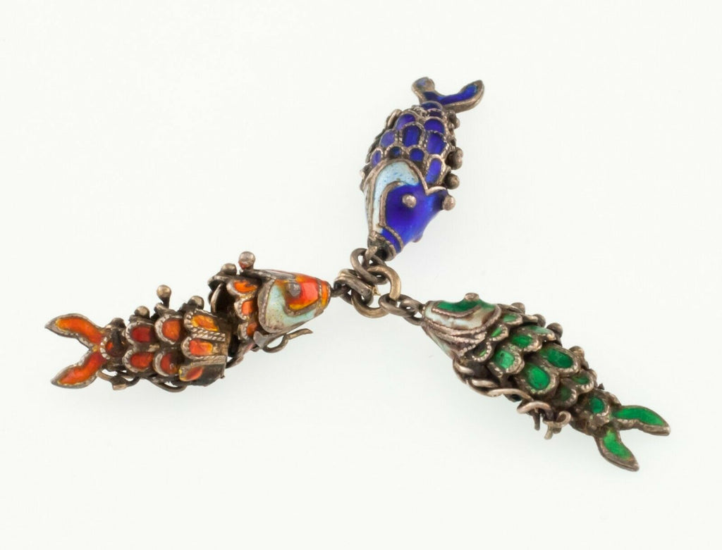 Vermeil Vintage 1920s Chinese Articulated Cloissone Filigree Koi Fish Charms (3)