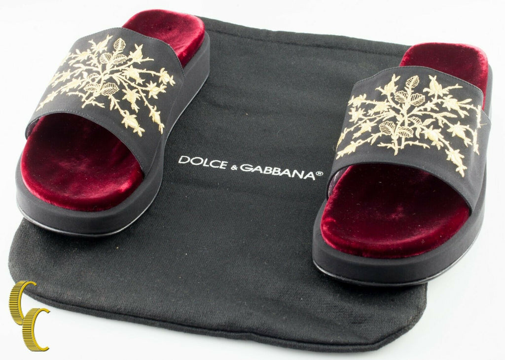 Dolce & Gabbana Velvet Open-Toe Slippers w/ Embroidery Box & Pouch Included 36.5