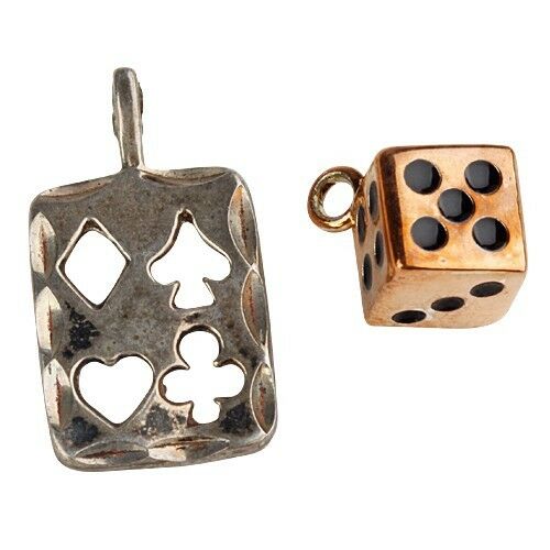 TWO (2) VINTAGE STERLING SILVER LUCK PENDANTS: A PINK TONE DICE AND A CARD