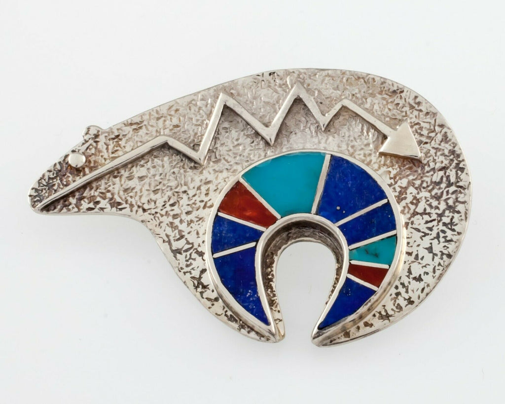 Vintage Navajo Spirit Bear Pin with Multi Color Inlaid Hand made Sterling Silver