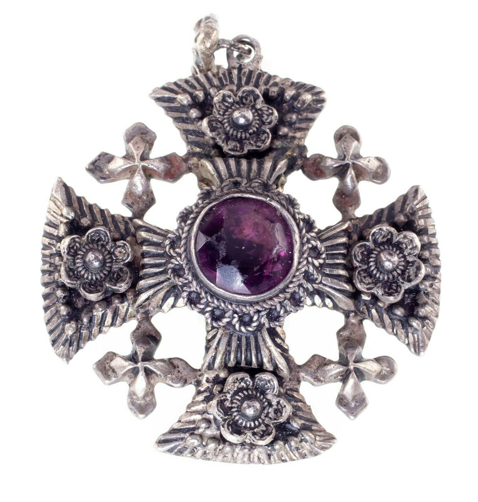 Large Vintage Purple Glass Stone Maltese Cross Pendant Set In 950 Silver