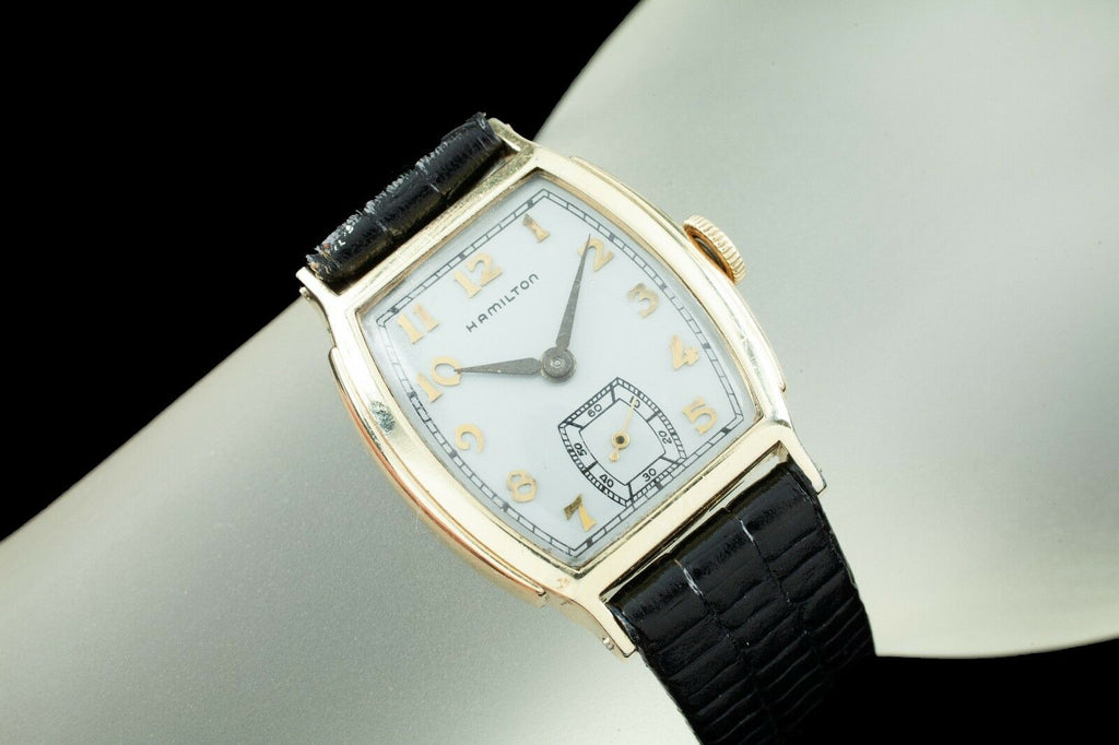 Hamilton Gold-Filled Hand-Winding Tonneau Watch w/ Black Leather Band