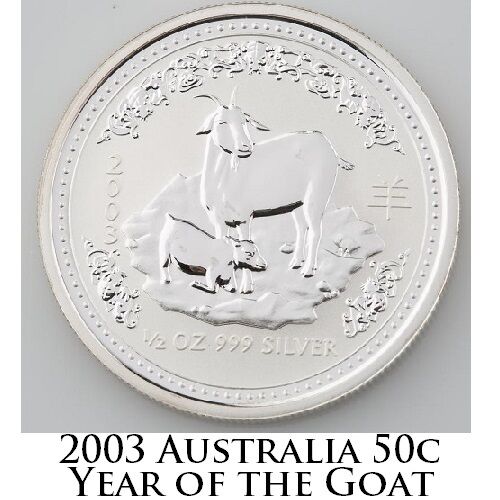 2003 Lunar Year of the Goat Australian Round 1/2 oz 999 Silver BU Condition