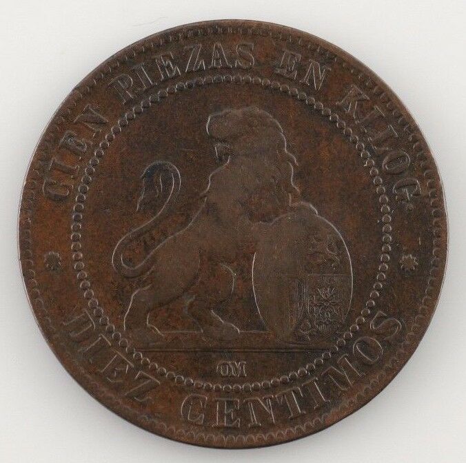 1870 Spain Provisional Government 10 Centimos Very Fine Condition KM #663