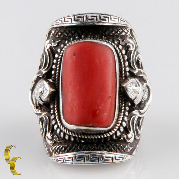 Sterling Silver .925 Ring Coral Stone Urn Trophy Design Unique Gift!