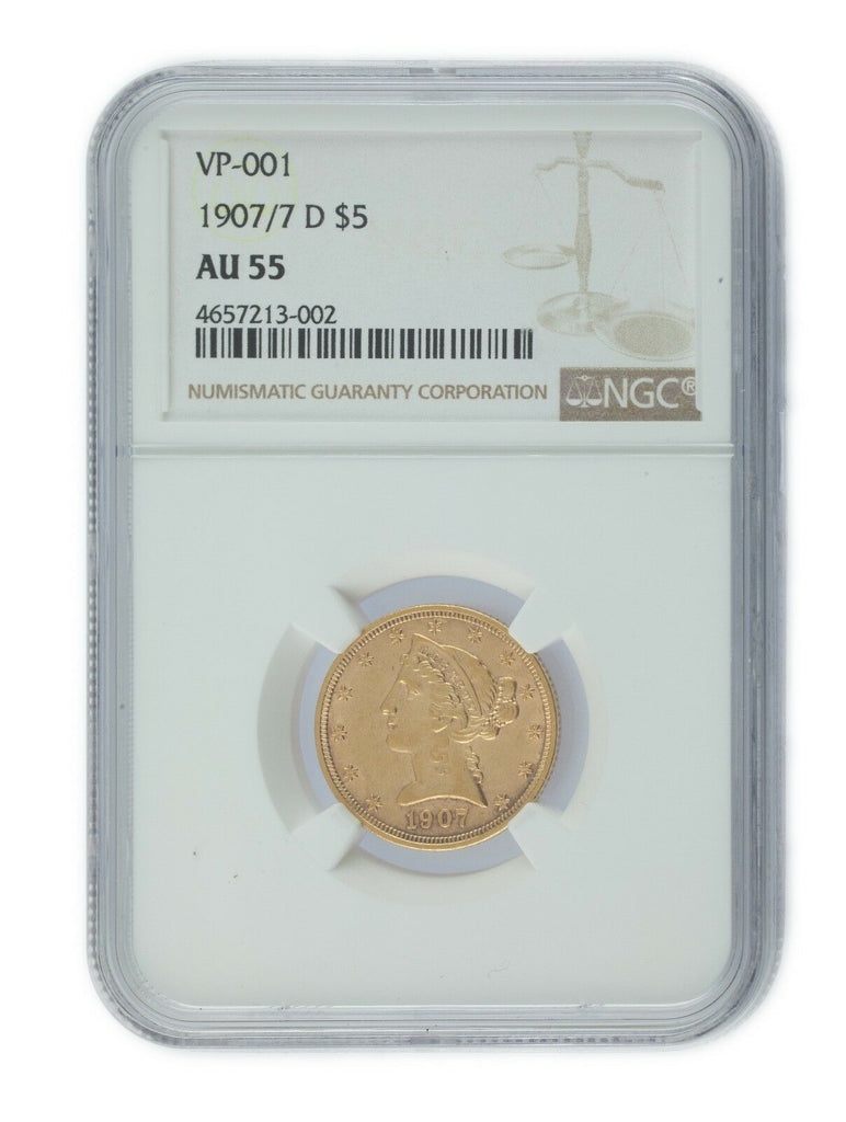 1907/7-D $5 US Gold Liberty Half Eagle Graded by NGC as AU55! VP-001