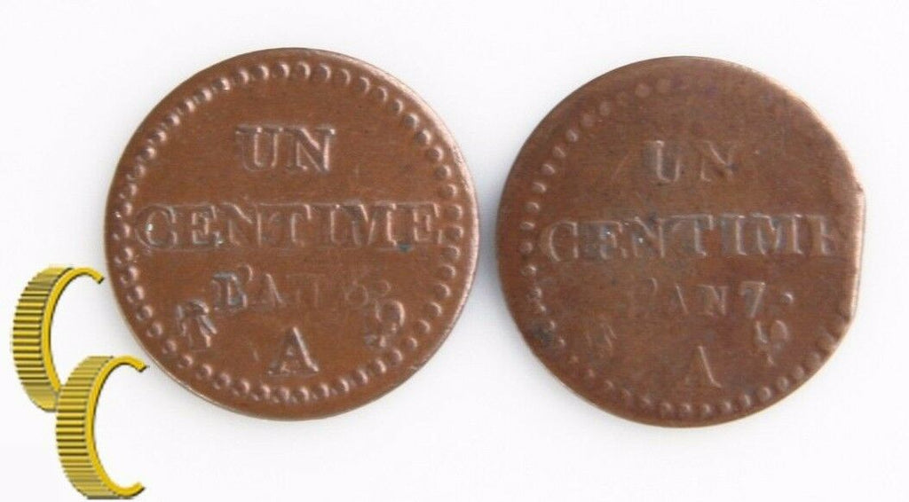 1797A-1798A France Centime Lot (VF-XF, 2 coins) Paris Mint (L'AN 6 & 7) KM-646