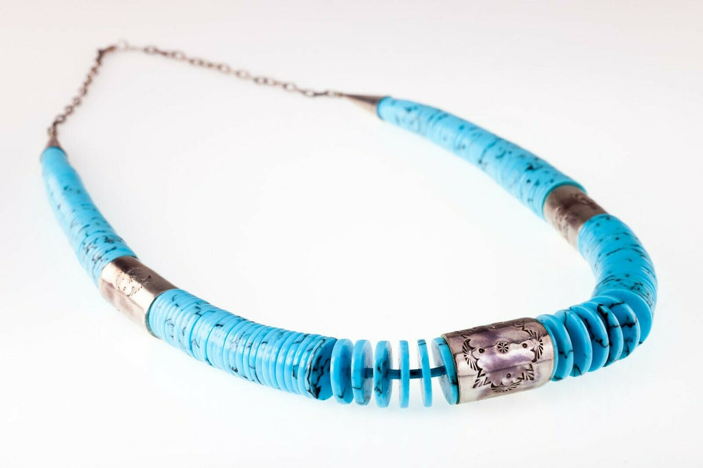 Gorgeous Disk Turquoise Beaded Navajo Necklace with Silver Accents