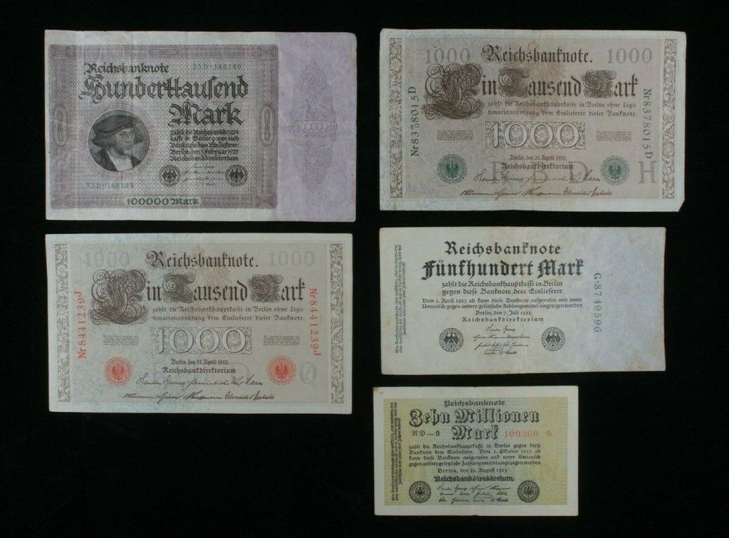 1910-1923 Germany 5-Notes Set // Empire 1000 Marks & Weimar 500-10 Million Marks