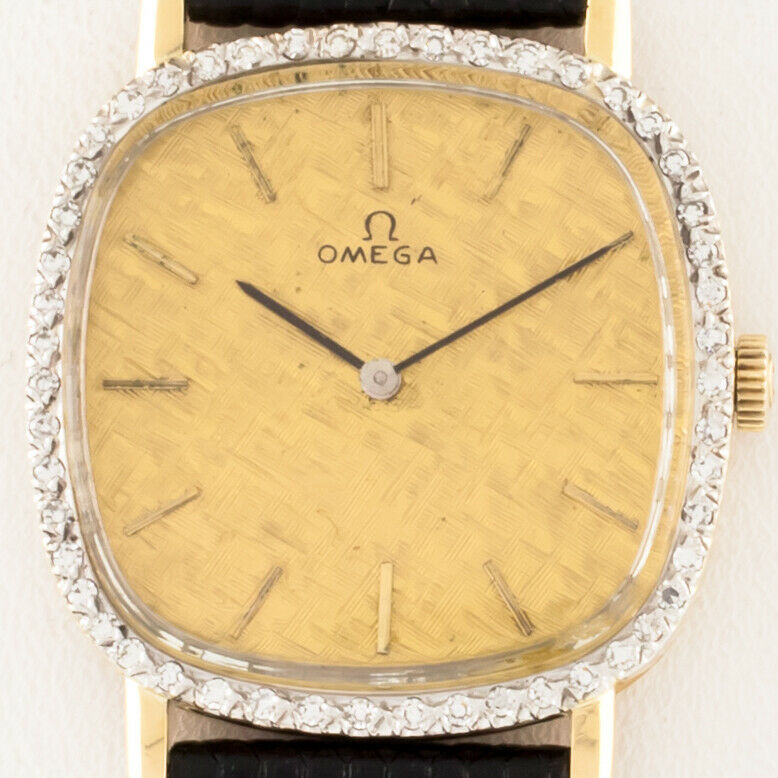 Omega Men's 14k Yellow Gold Hand-Winding Watch w/ Diamond Bezel Leather Band