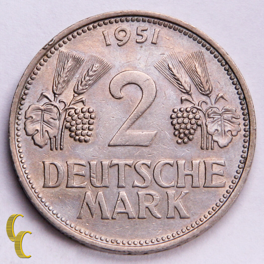 1951-F Germany Deutsche 2 Mark 1 Year Issue (XF) Extra Fine Condition