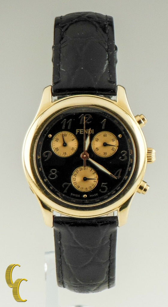 Fendi 18K Yellow Gold Chronograph Watch w/ Leather Band
