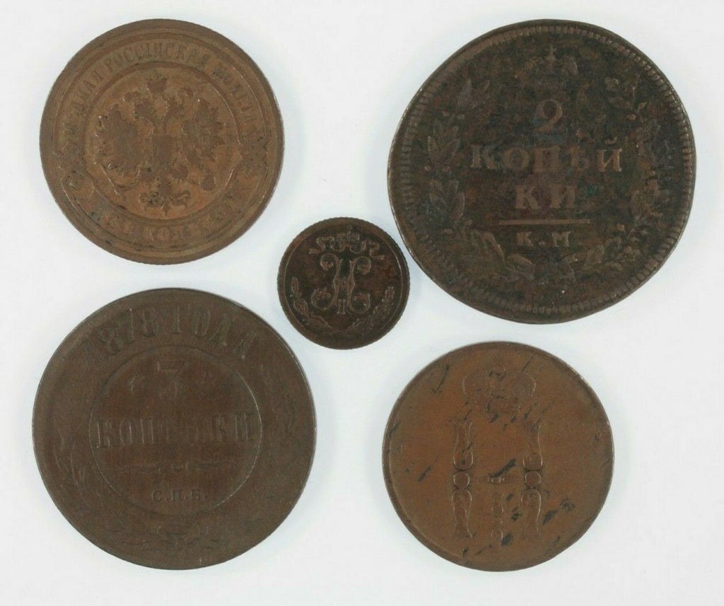 1812-1892 Russia Empire 5-Coin Set // Tsar Alexander I/II/III & Nicholas I/II