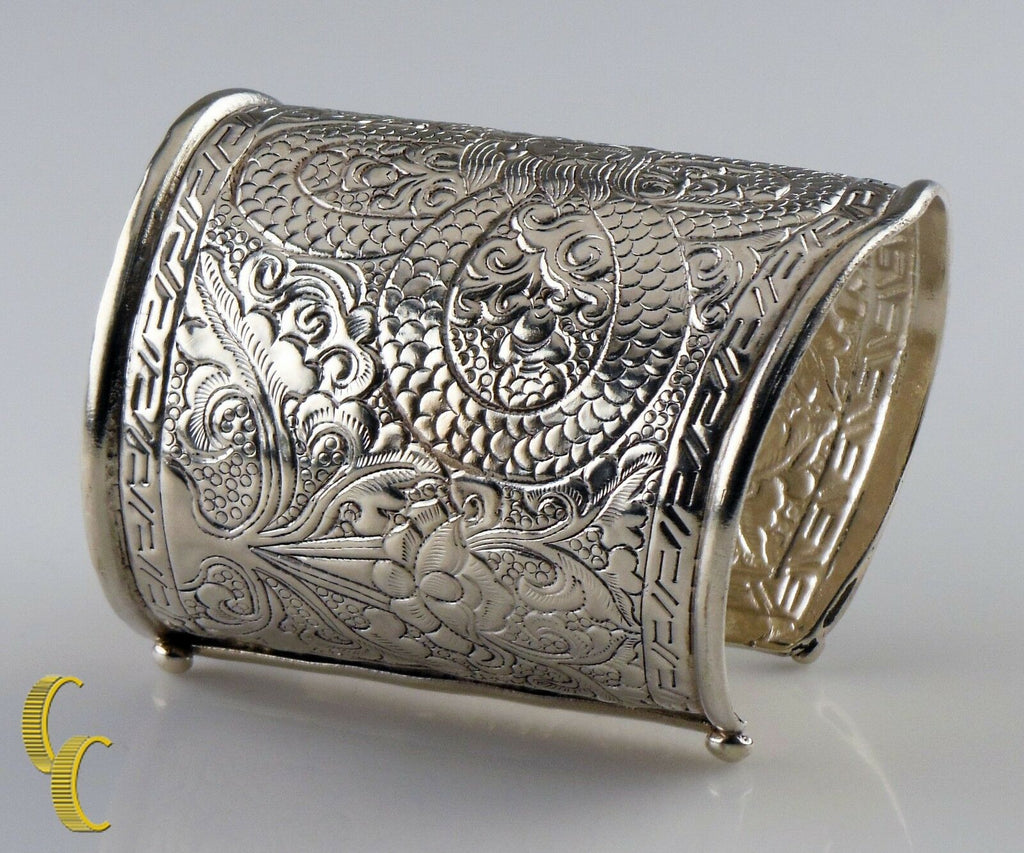 Sterling Silver .925 Cuff Bracelet Bearded Dragon Flower Leaf Design Great Gift!