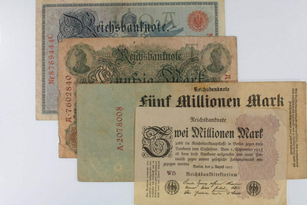 1908-1923 Germany 4-Notes Currency Set // German Empire & Weimar Republic Bills