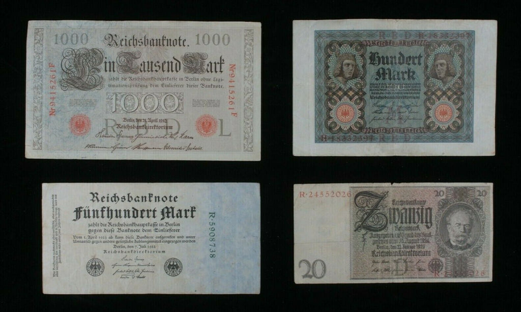 1910-1929 Germany 4-Notes Set // German Empire 1000 & Weimar 20, 100 & 500 Mark