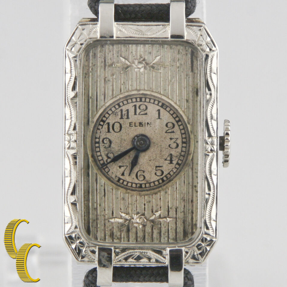 Elgin 14k White Gold Vintage Women's Hand-Winding Art Deco Watch w/ Silk Band