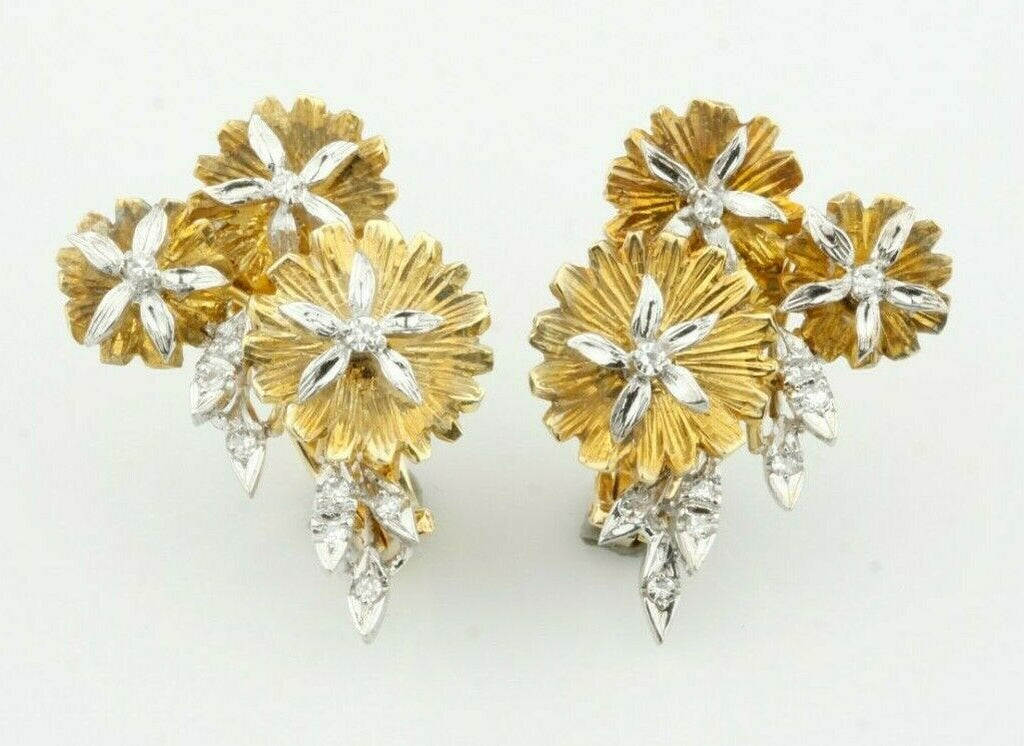 Unique 14k Two-Tone Gold Huggie Flower Earrings with 0.30 Cts Diamond Accents