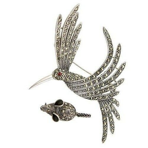 VINTAGE STERLING SILVER MARCASITE DECORATED LOVELY BIRD & A TINY MOUSE BROOCHES