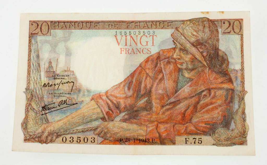 1943 France 20 Francs Note Very Fine+ Condition Pick #100a