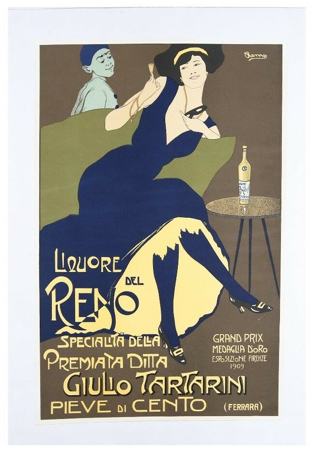 French Poster "Liquore del Reno, 1909" by Remo Branca Lithograph Poster w/ CoA