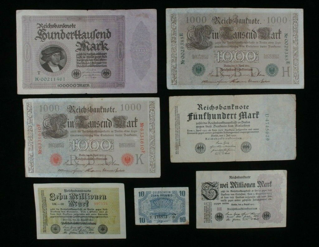 1910-1947 Germany 7-Notes Set // Empire, Weimar Republic & Allied Occupation