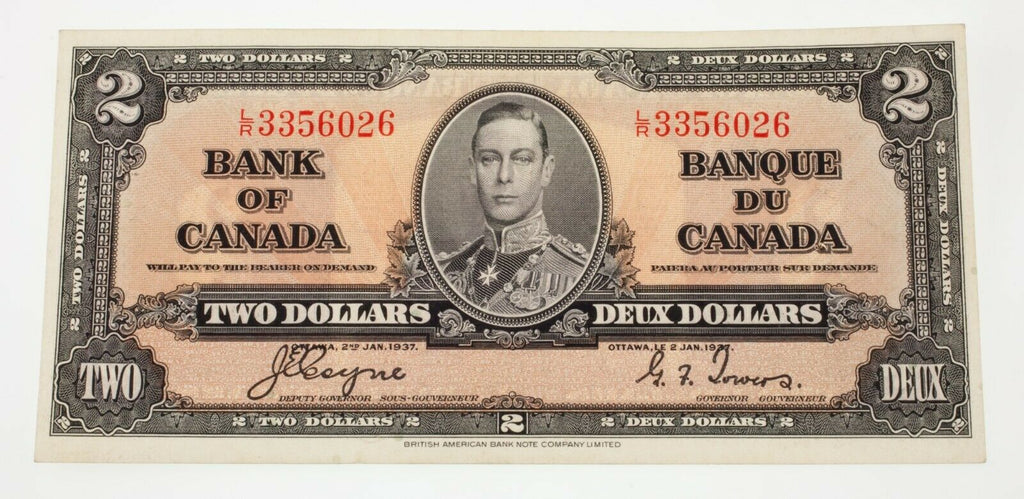 1937 Bank of Canada $2 Note in About Uncirculated Condition Pick #59c