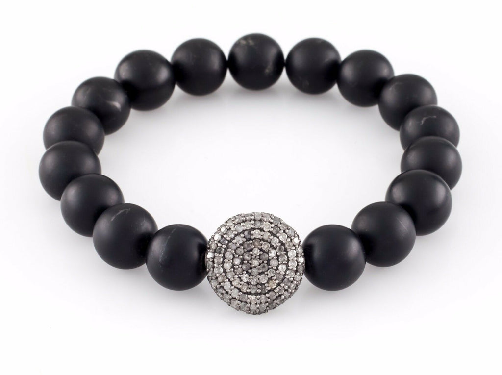 Onyx Beaded Stretch Bracelet w/ Pave Diamond Charm! Nice Gift!