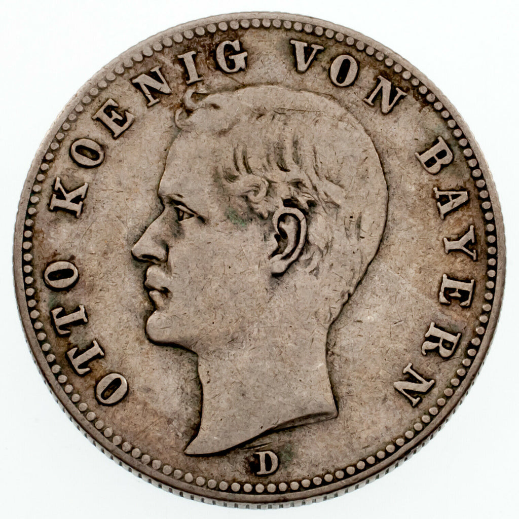 1898 German States Bavaria 2 Mark Silver Coin Fine Condition KM #913