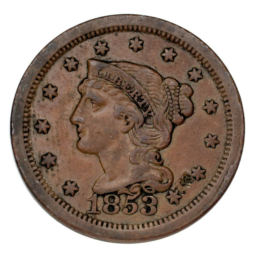 1853 Braided Hair Large Cent 1C Penny (Extra Fine, XF Condition)