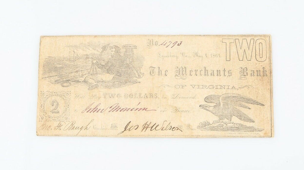 1861 Confederate Two Dollar Note Merchants Bank Lynchburg Virginia Civil War