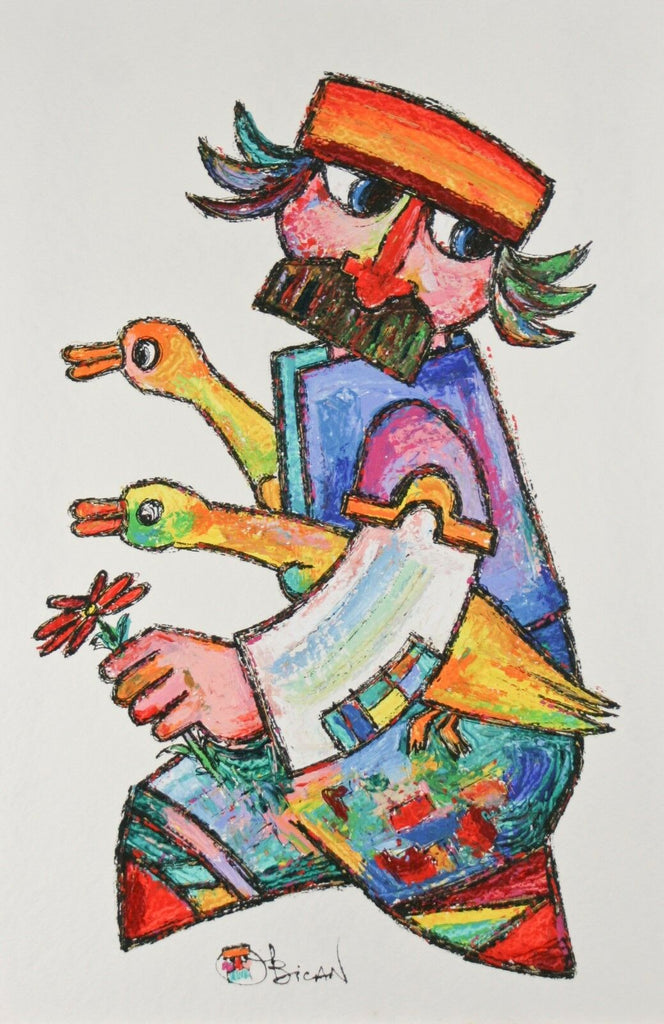 "Villager & Geese #59" by Jovan Obican Signed Original Acrylic on Paper 27 1/2x1