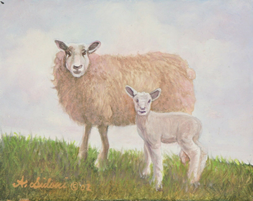 "Ewe With Her Lamb" By Anthony Sidoni 2002 SIgned Oil Painting 14 1/2"x12 1/2"