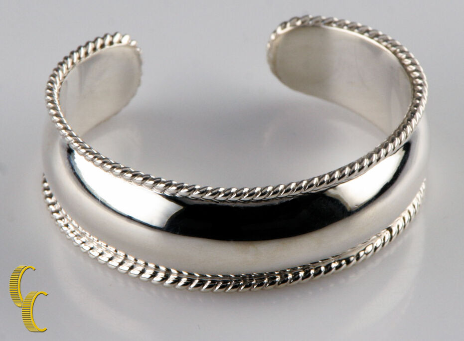 Sterling Silver Cuff Bracelet Rope Borders Polished Finish Great Gift for Her!