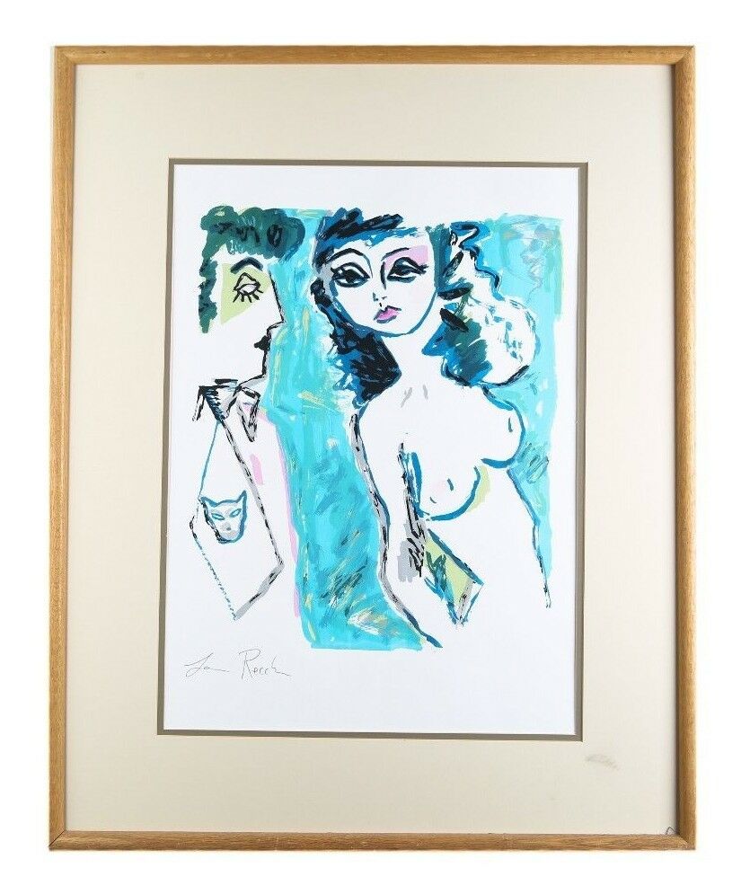"Untitled" (Man with Cat Tie Staring at Nude Woman) Watercolor, Framed 31x25"