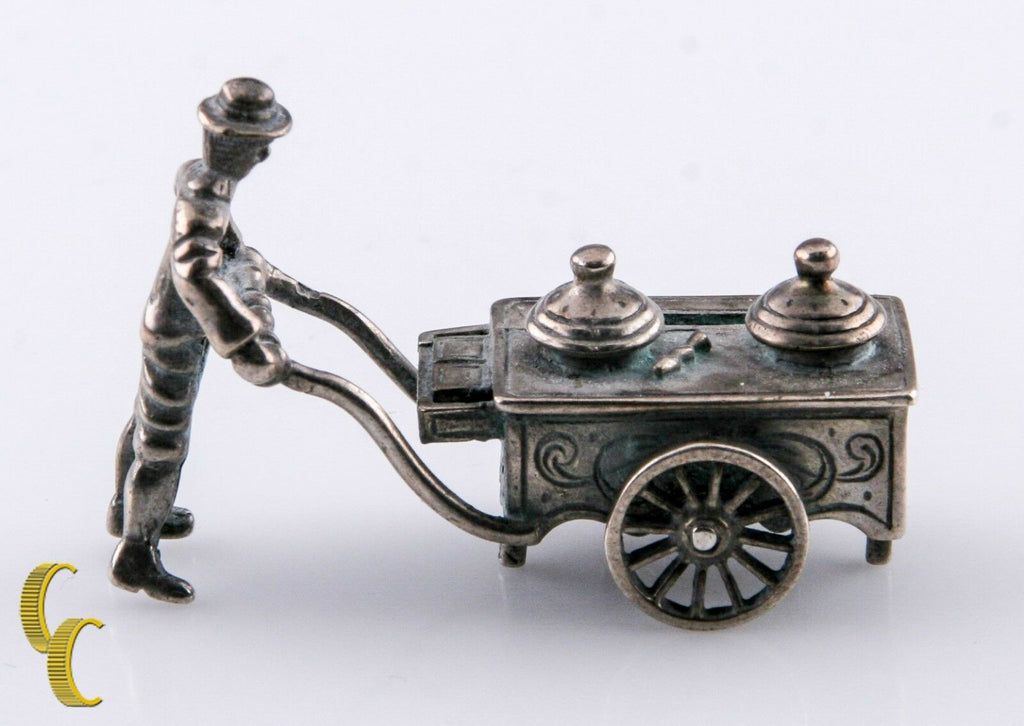 Vintage Silver Miniature Dollhouse Man Street Vendor w/Pushcart