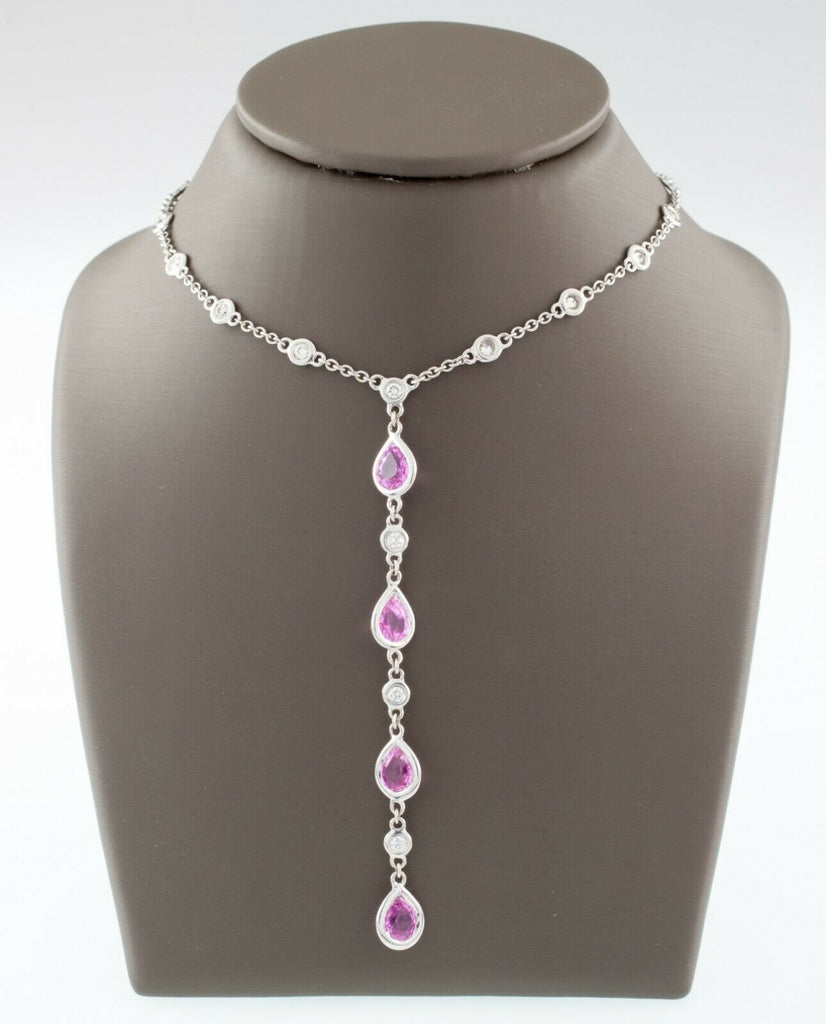 18k White Gold Pink Sapphire and Diamond Drop Pendant Necklace TCW 4.2 ct
