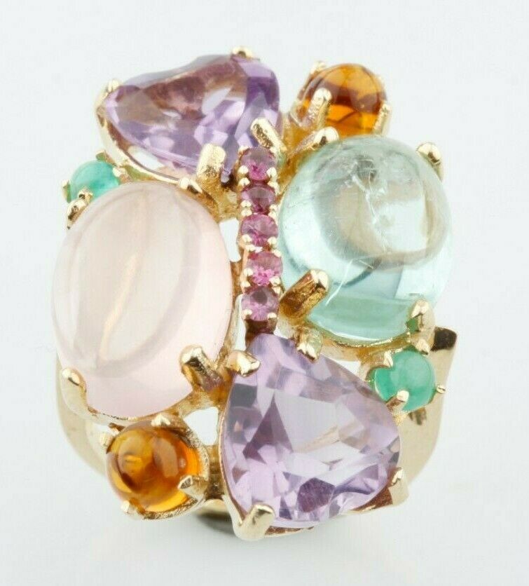 14k Yellow Gold Multi-Gemstone Plaque Cocktail Ring Size 7.75 Unique!