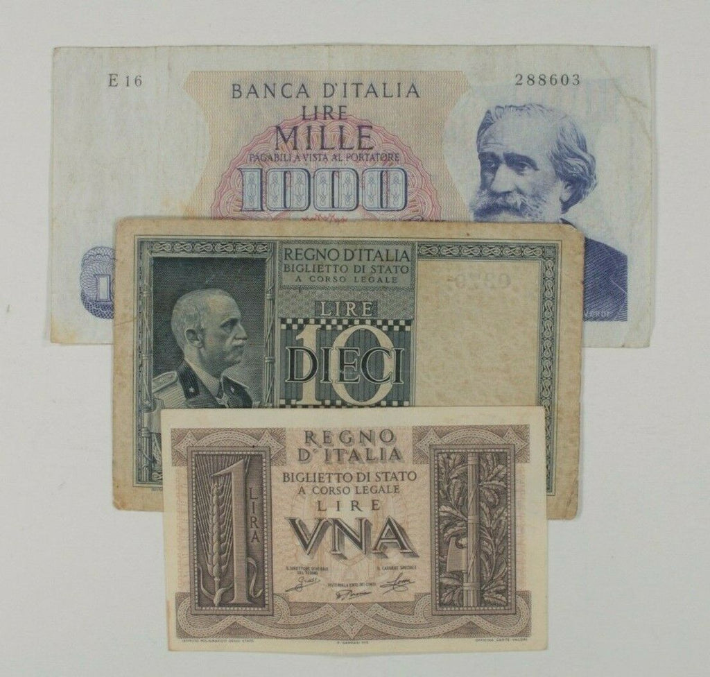 Italy 3-Notes Currency Set // Regno d'Italia 1 &10 // Banca d'Italia 1000 Lire