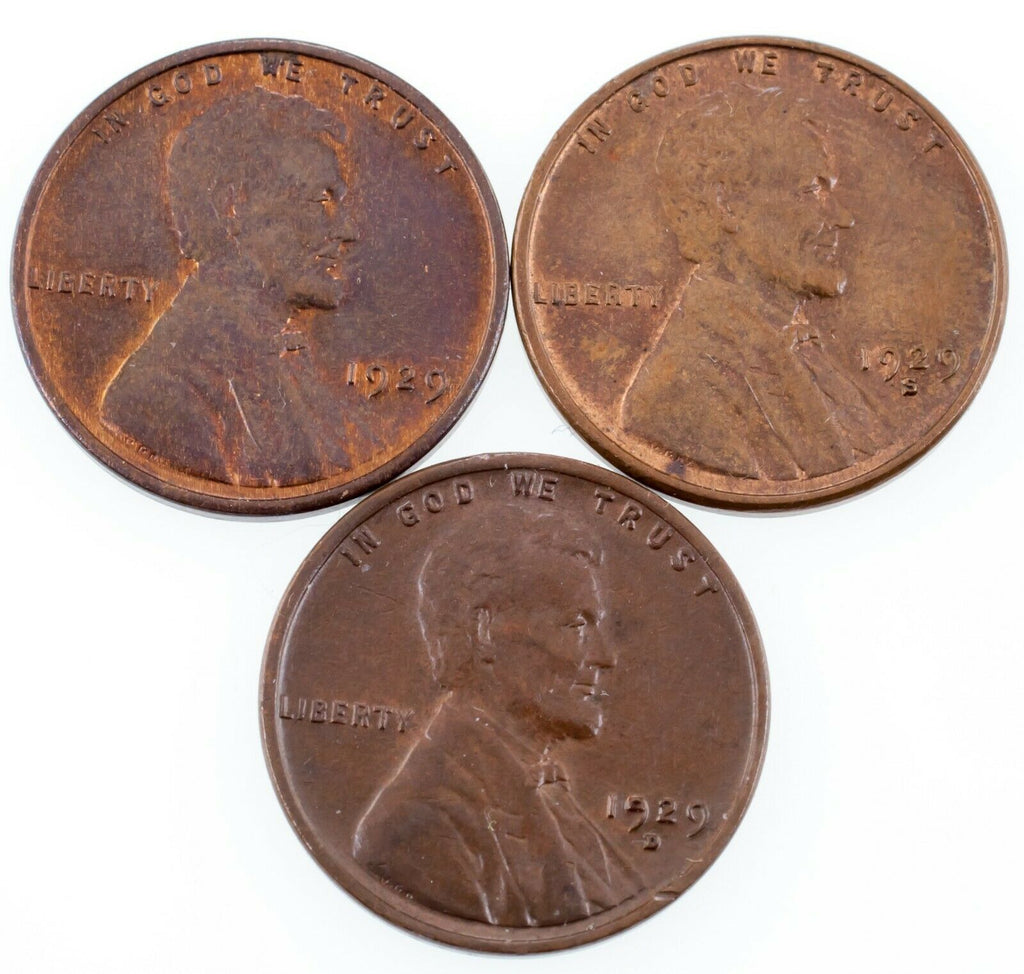 Lot of 3 Lincoln Wheat Cents (1929-P, D, and S) in AU to Unc Condition. Nice Set