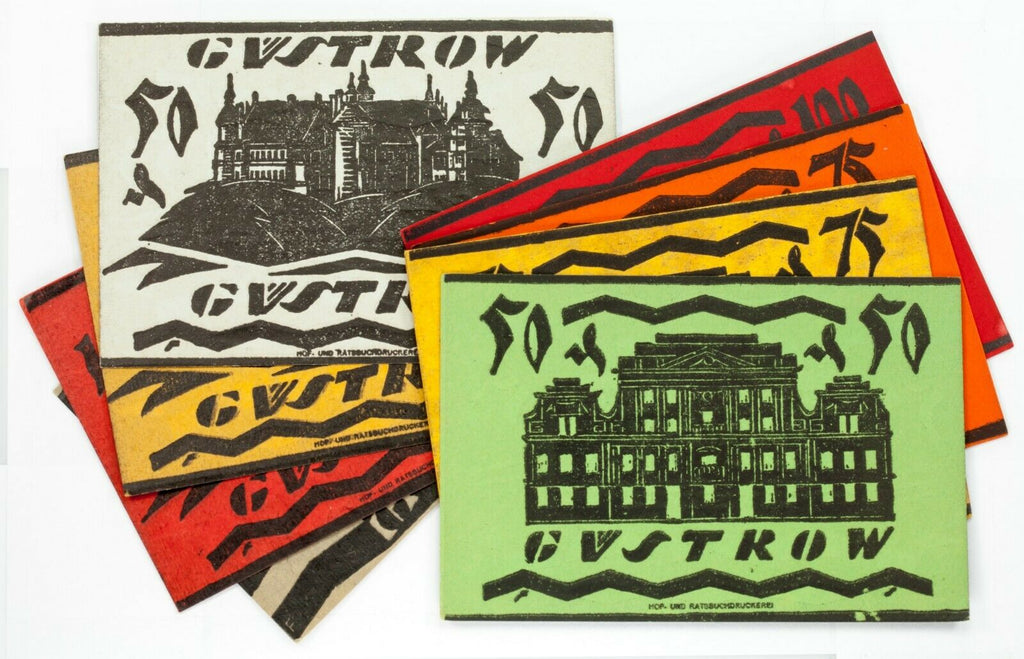 1922 Germany Notgeld Money 8pc City of Gustrow // 50, 75 & 100 Pfennig Notes
