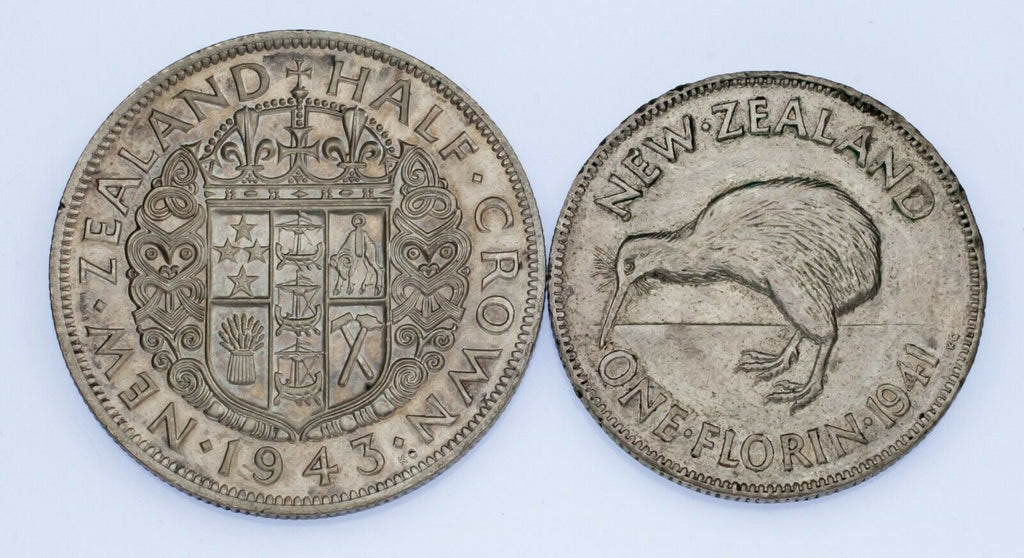 Lot of 2 New Zealand Silver Coins (1941 Florin and 1943 1/2 Crown) XF Condition