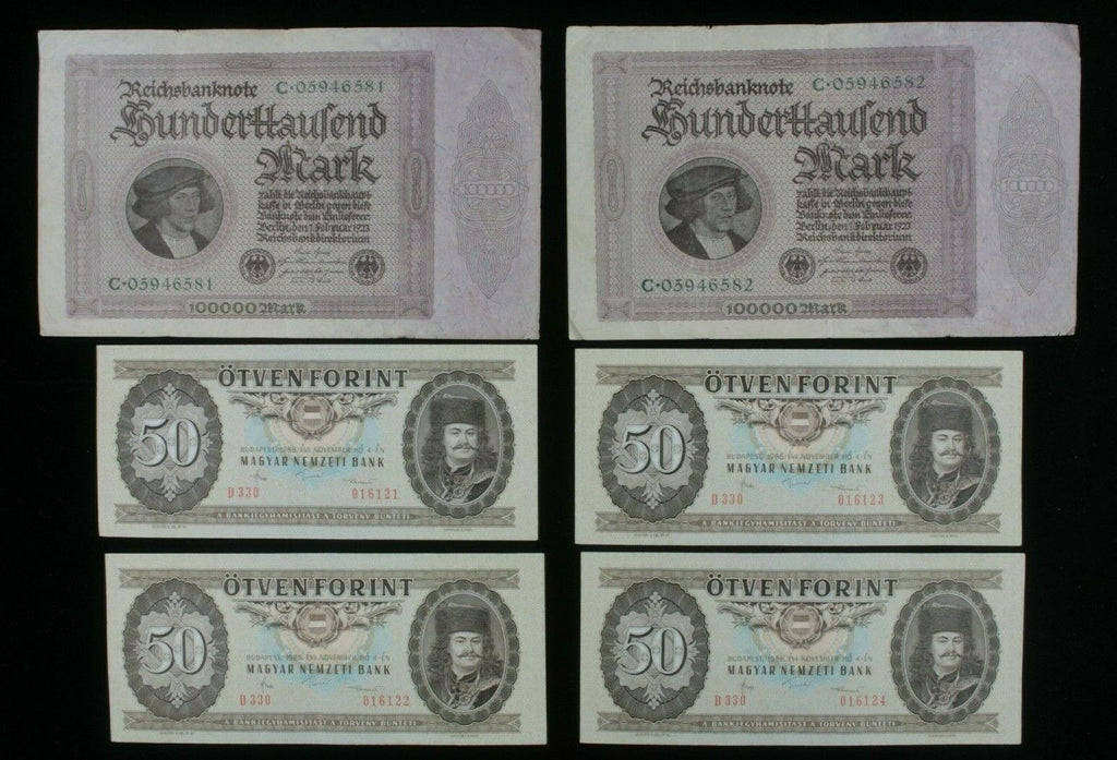 Sequential Notes Lot // 1923 Germany 100,000 Mark & 1986 Hungary 50 Forint