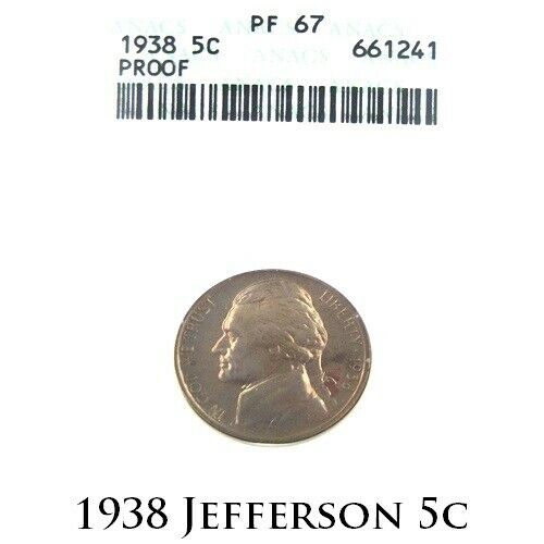 1938 5C Jefferson Nickel Proof Graded by ANACS as PF67! Gorgeous Nickel