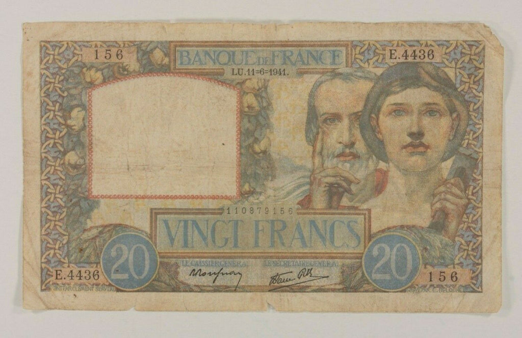 1941 France 20 Francs Note // Science et Travail (Science and Work)