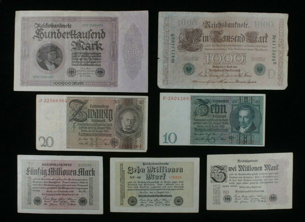 1910-1929 Germany 7-Notes Set // 10 Mark to 10 Million Mark // Empire & Weimar