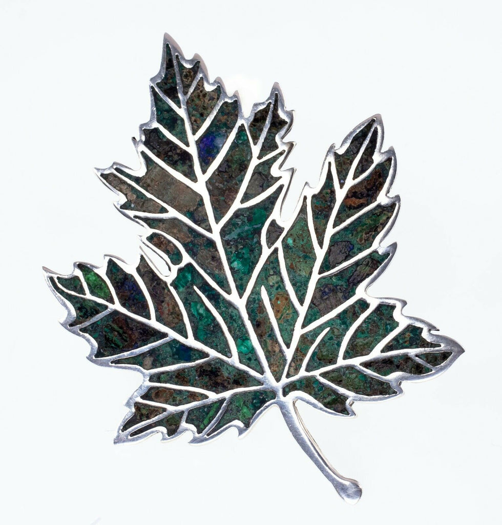 Vintage Mexican Sterling Silver Leaf Brooch with Turquoise Inlay