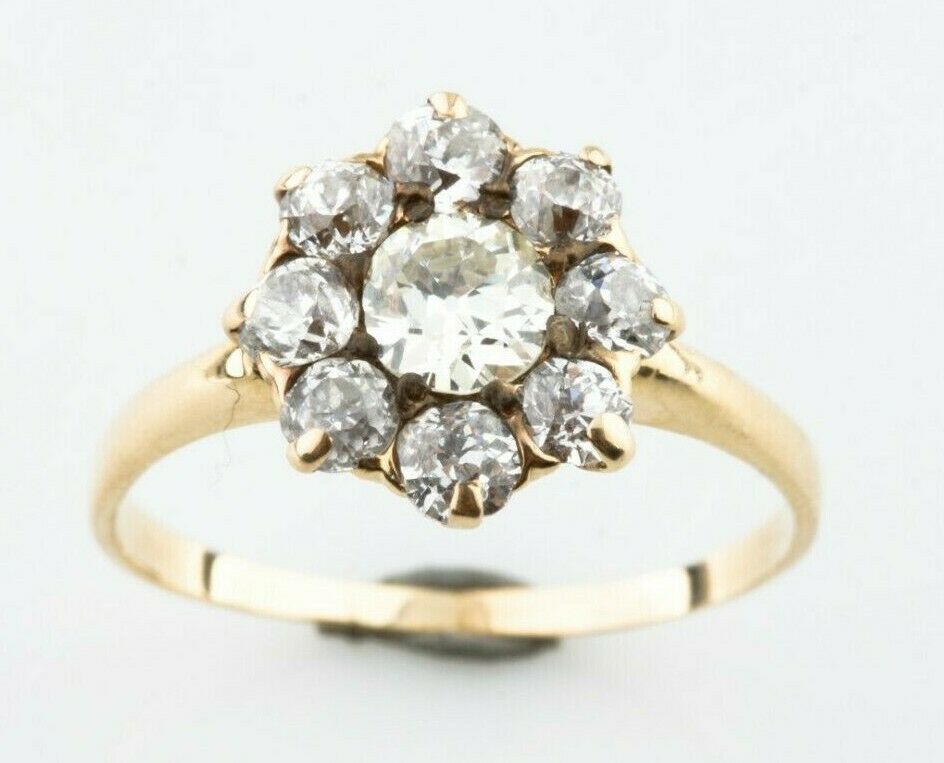 Gorgeous Antique 18k Yellow Gold 1.20 ct Old Miner's Cut Diamond Cluster Ring