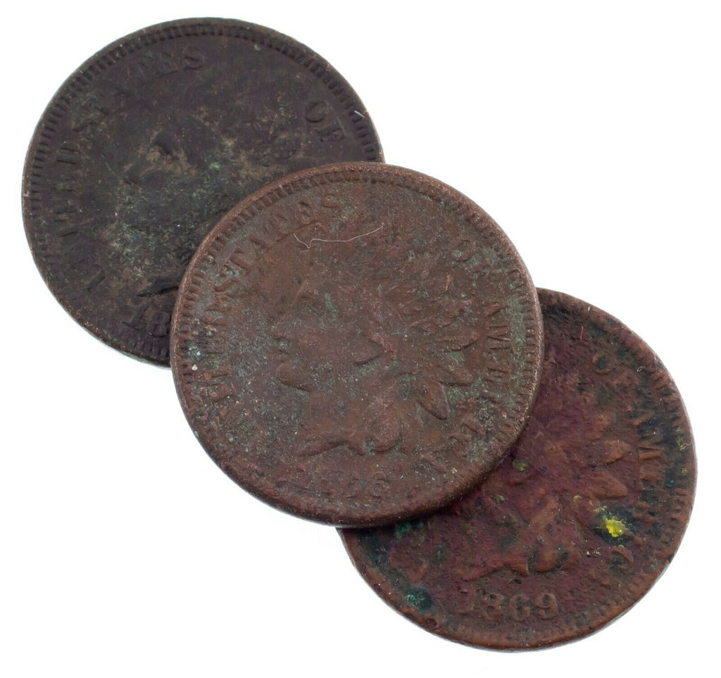 Lot of 3 Indian Cents (1866, 1867, 1869) in About Good Condition