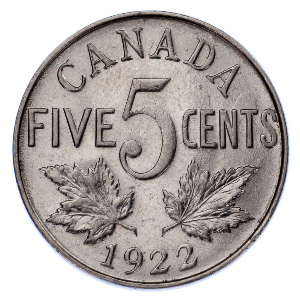 1922 Variety Far Rim Canada Five Cents 5C (About Unc, AU Condition) KM# 29